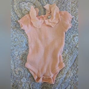 Pink Ribbed Baby Onesie with Lace Collar